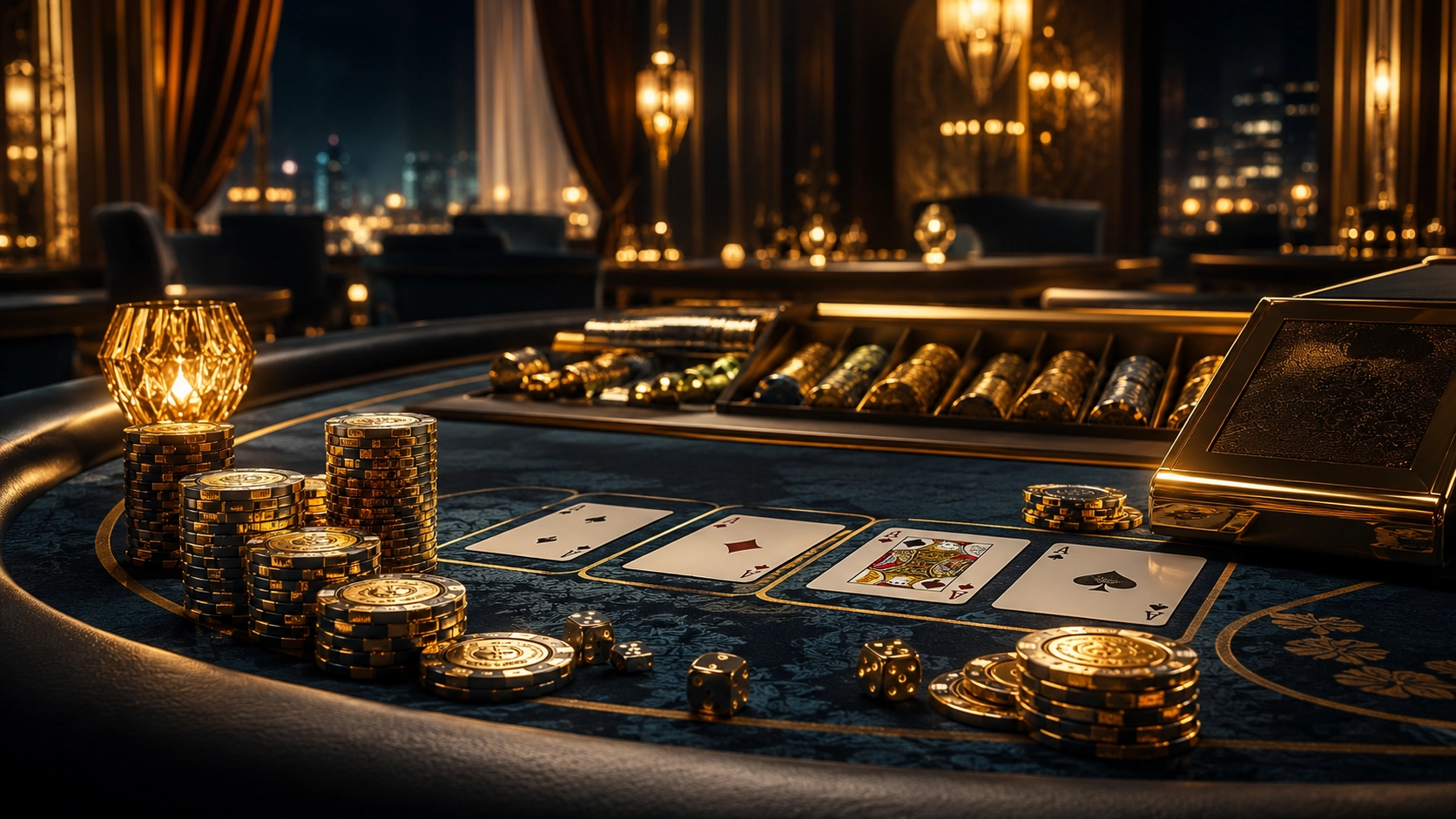Spin Dinero casino luxury table with gold chips and cards
